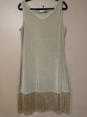 Y2K Together Gold Metallic Fringe Hem Sleeveless Shift Dress Size Medium Gatsby